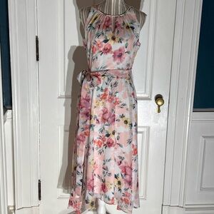 Floral Sleeveless Midi Dress Nicole miller size 10 lined belted Easter D395